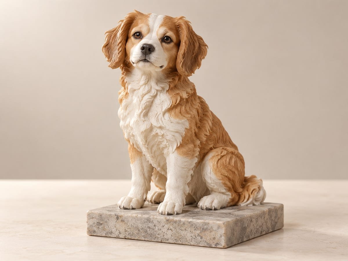 Figura impresa de un perro sentado sobre una peana de mármol