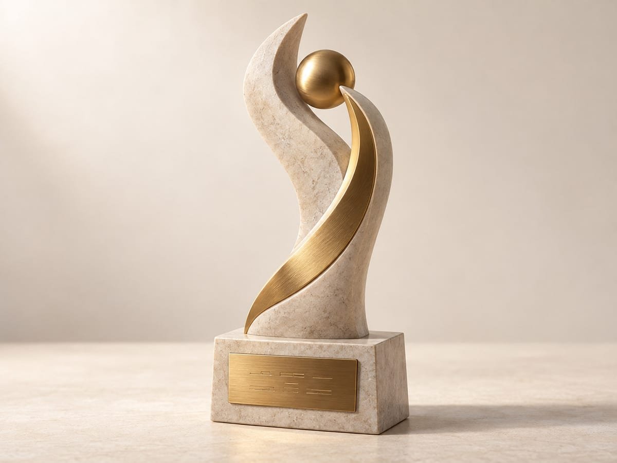 Trofeo de piedra y metal dorado con placa grabada